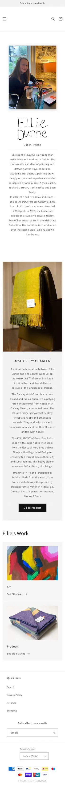 screenshot of ellie dunne website homepage on mobile
