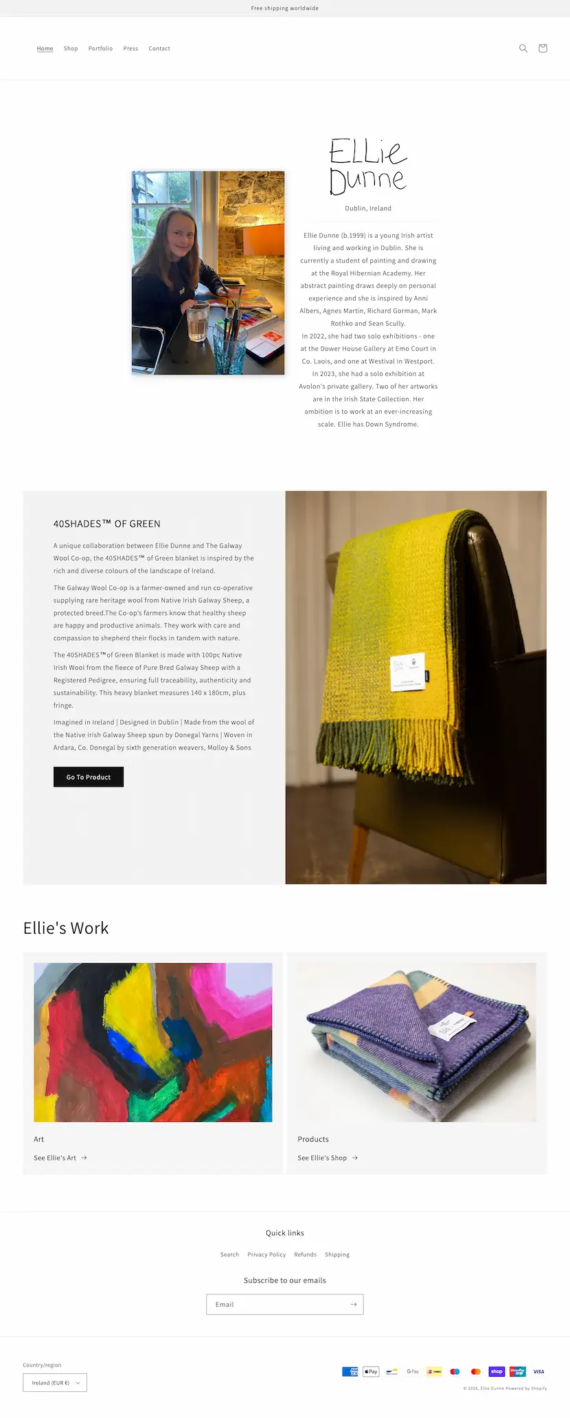 screenshot of ellie dunne website homepgae