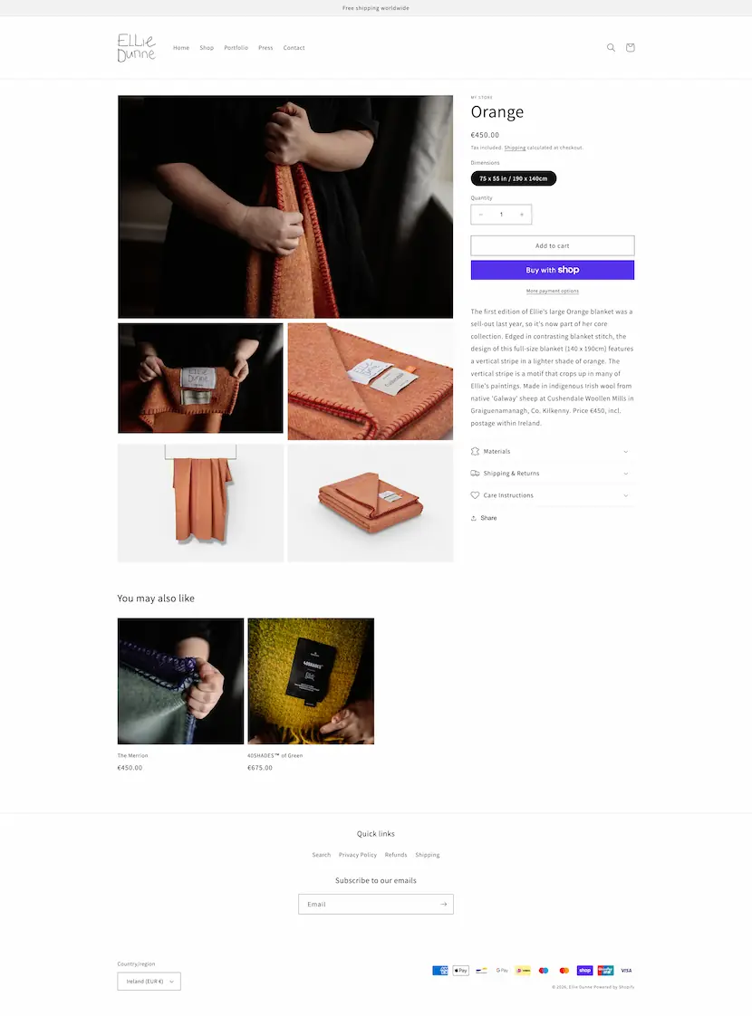 screenshot of ellie dunne website single product page