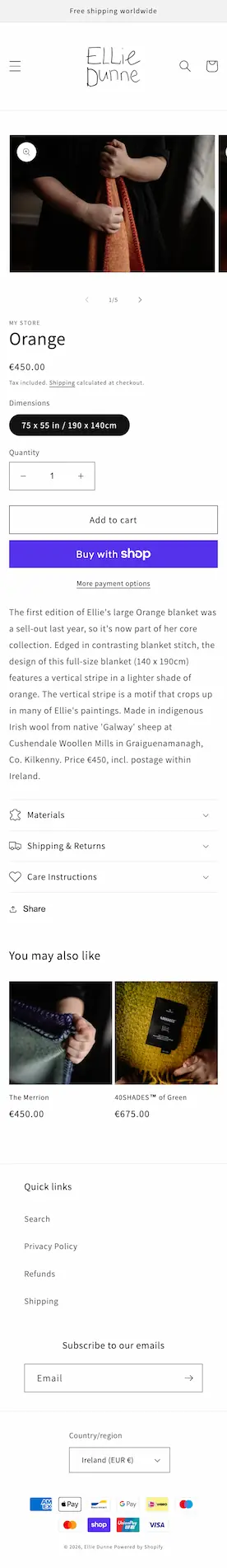 screenshot of ellie dunne website single product page on mibile