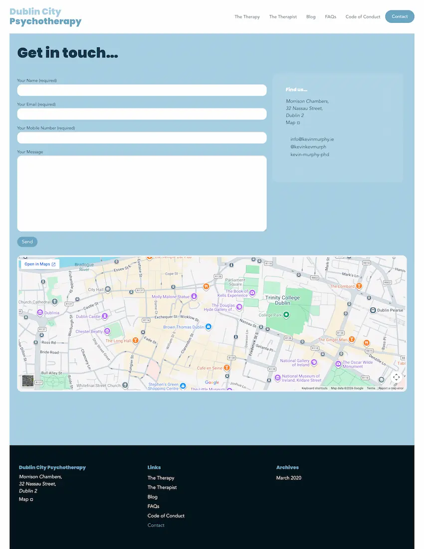 screenshot of kevin murphy website contact page