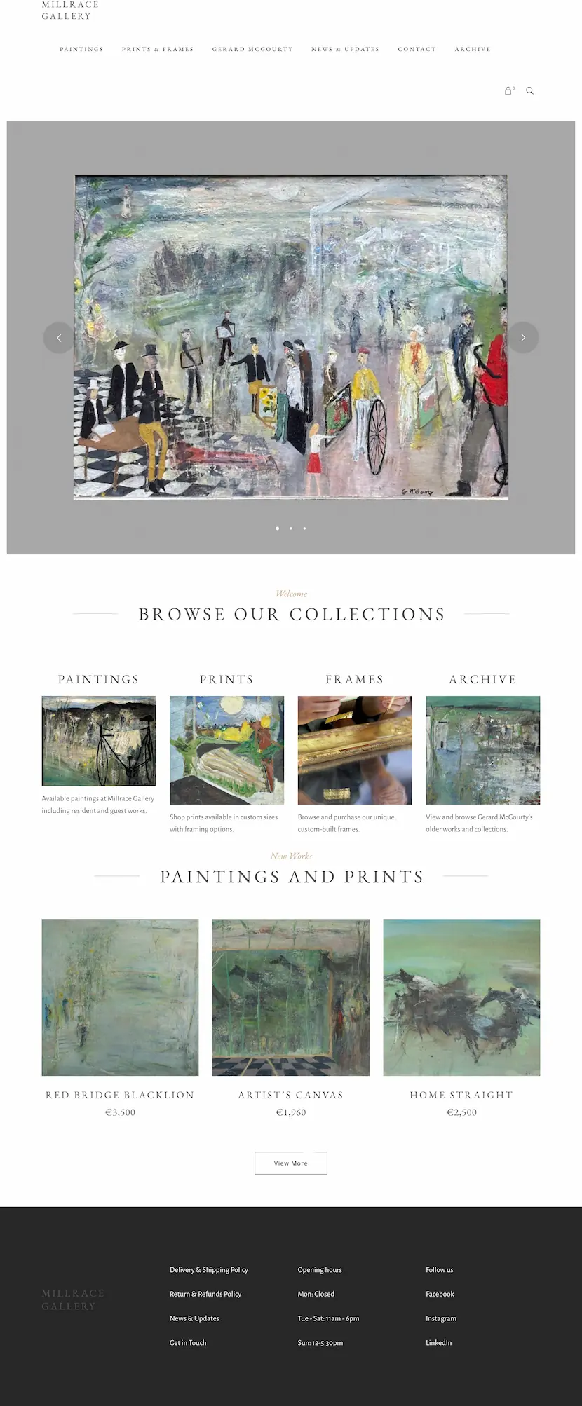 screenshot of millrace gallery;'s website homepage