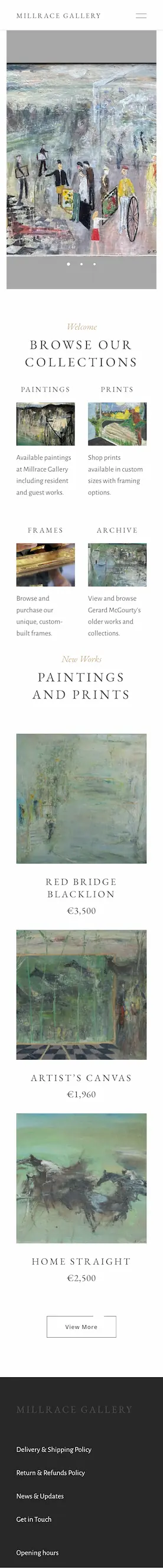 screenshot of millrace gallery website homepage on mobile
