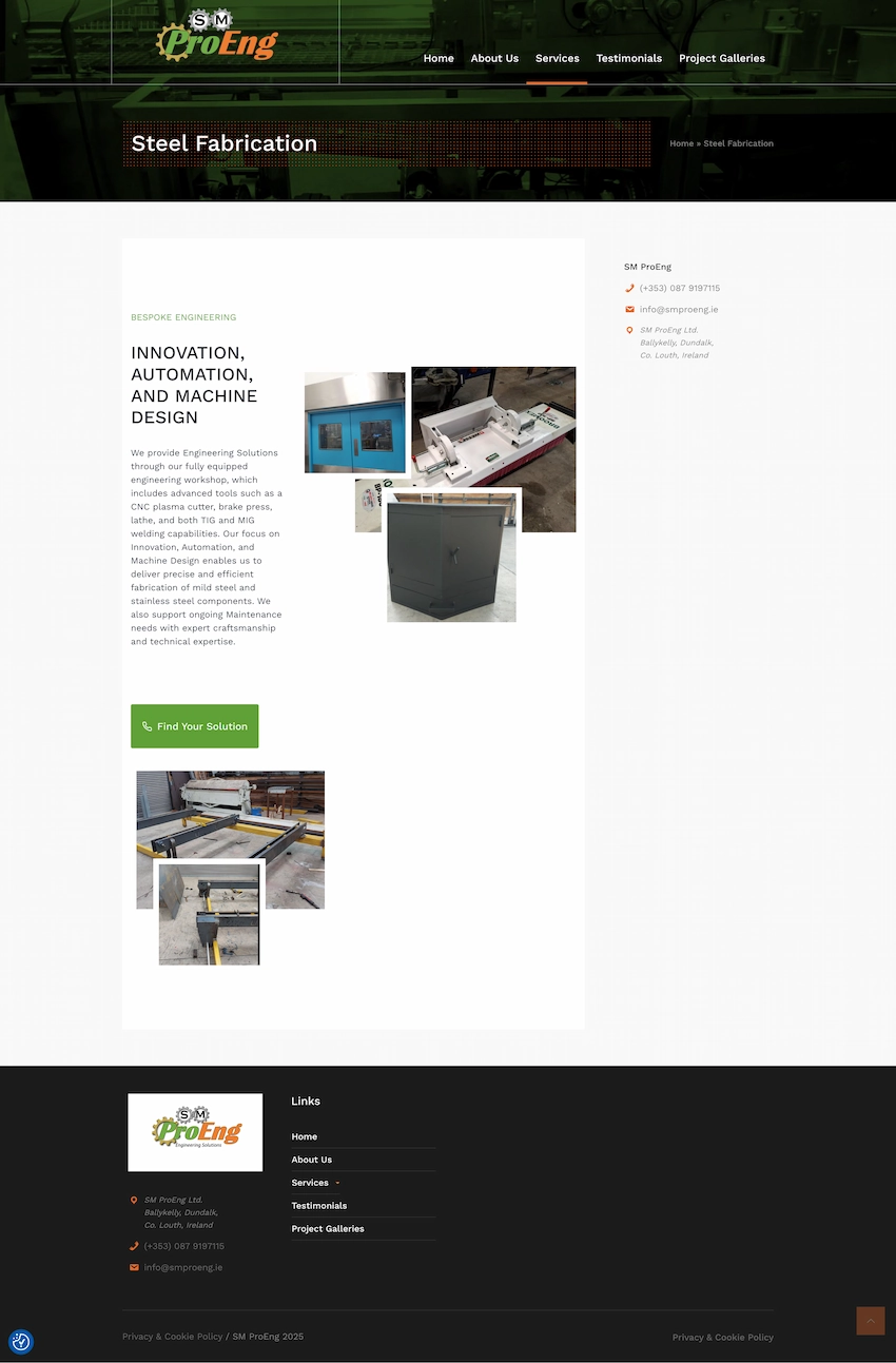 screenshot of sm proeng website steel page