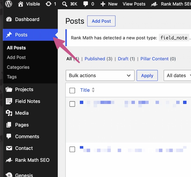 screenshot of wordpress dashboard