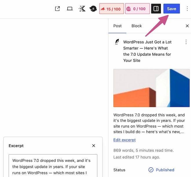 screenshot of wordpress save button