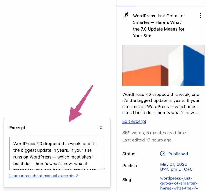 screenshot of wordpress excerpt editor
