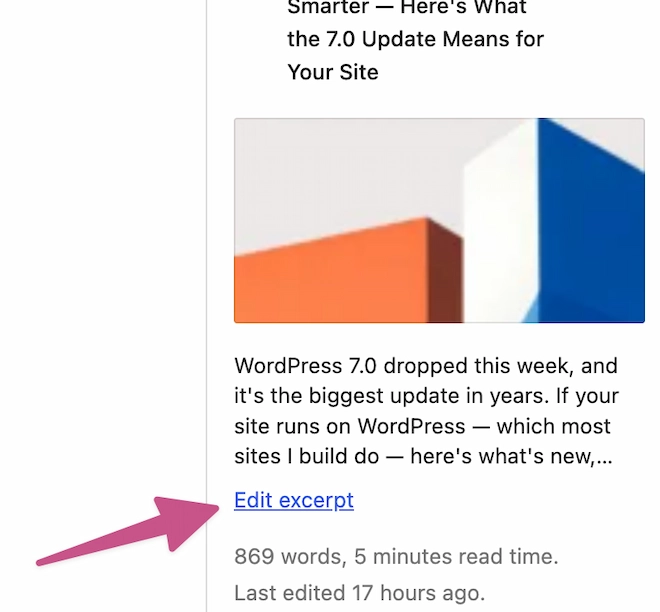 screenshot of wordpress ';edit exceropt' link