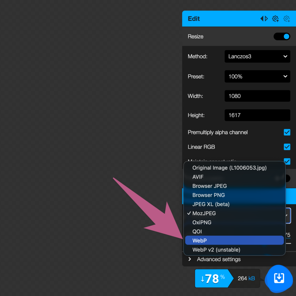 screenshot of squoosh app image format dropdown list